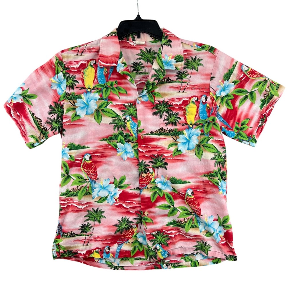 Aloha Republic Made‎ in Hawaii Shirt Pink Parrot Tropical Mens L Camp Retro